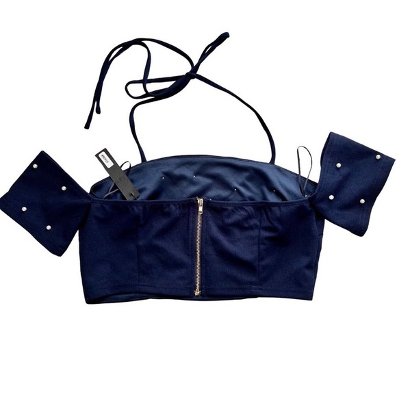 Miss Avenue Womens Pearl Off The Shoulder Crop Top Medium Navy Blue Halter - Picture 6 of 10